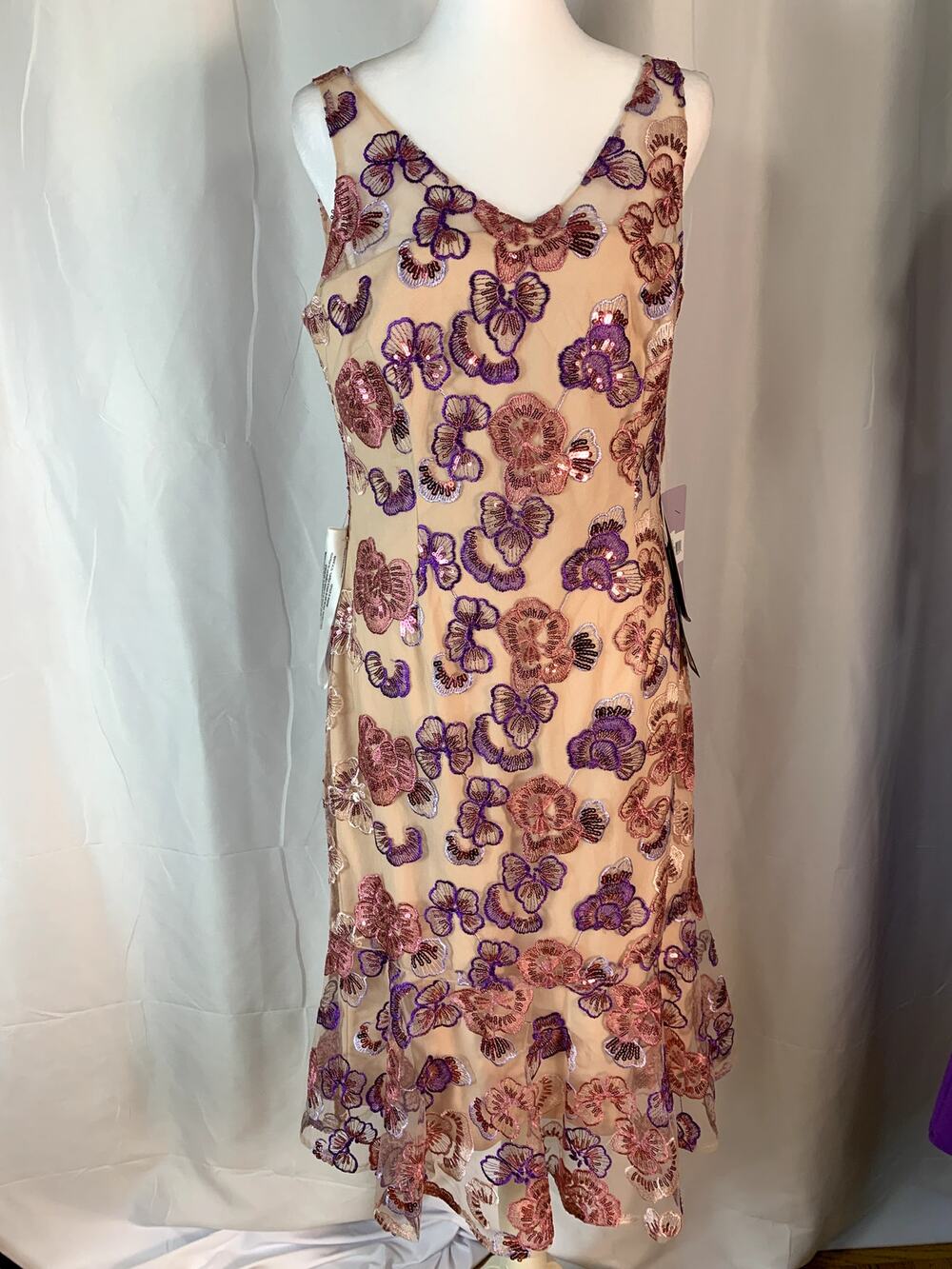 JS Collections Greer Embellished Floral Midi Dress – Pink Multi – Size 8 – NWT